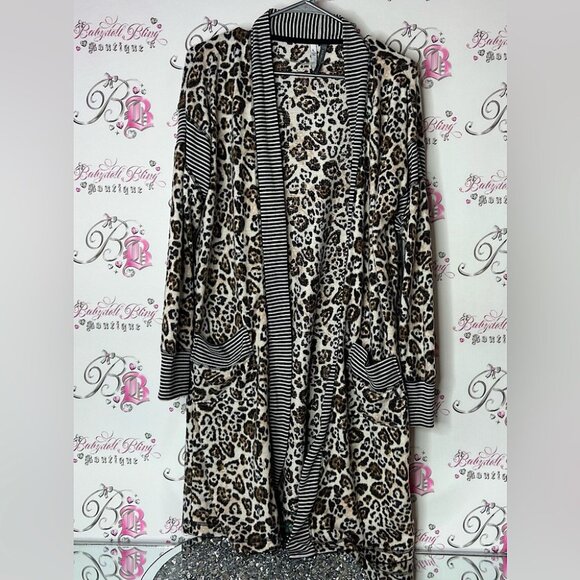 Jaclyn intimates cardigan long Leopard Print Dress with Striped Sleeves - Picture 1 of 8